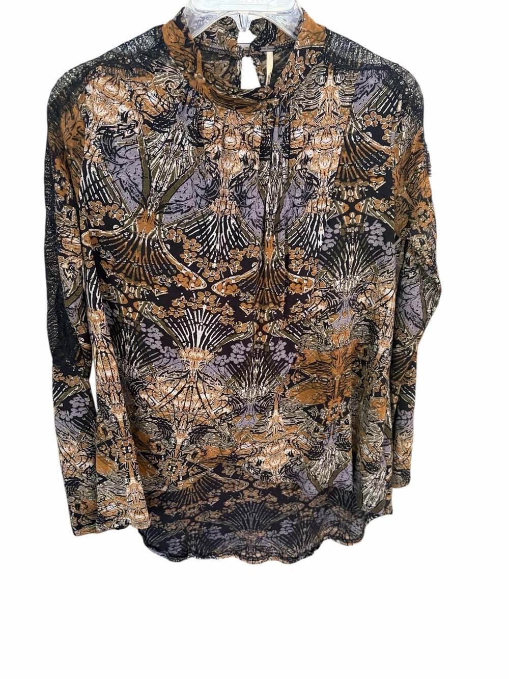 Free People Art Nouveau boho print Blouse with Lace - Picture 2 of 13